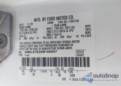 2021 Ford Transit Connect Xl из США, поврежденный, VIN NM0LS7E2XM1494097